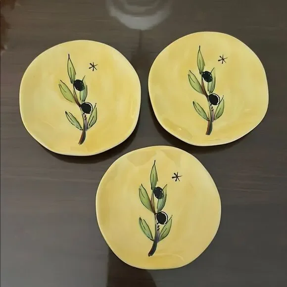 Vintage Julia Junkin Yellow Appetizer plates olive tree branch bundle of 3 - Picture 1 of 5